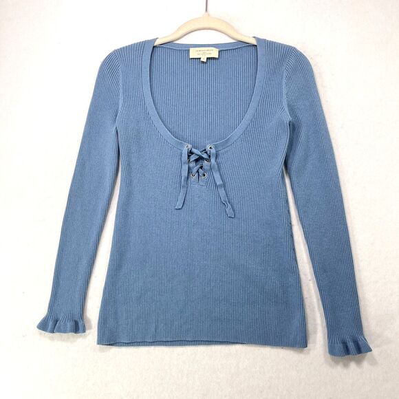 Sezane Sweaters - Sezane Soizic Blue Ribbed Scoop Neck Sweater